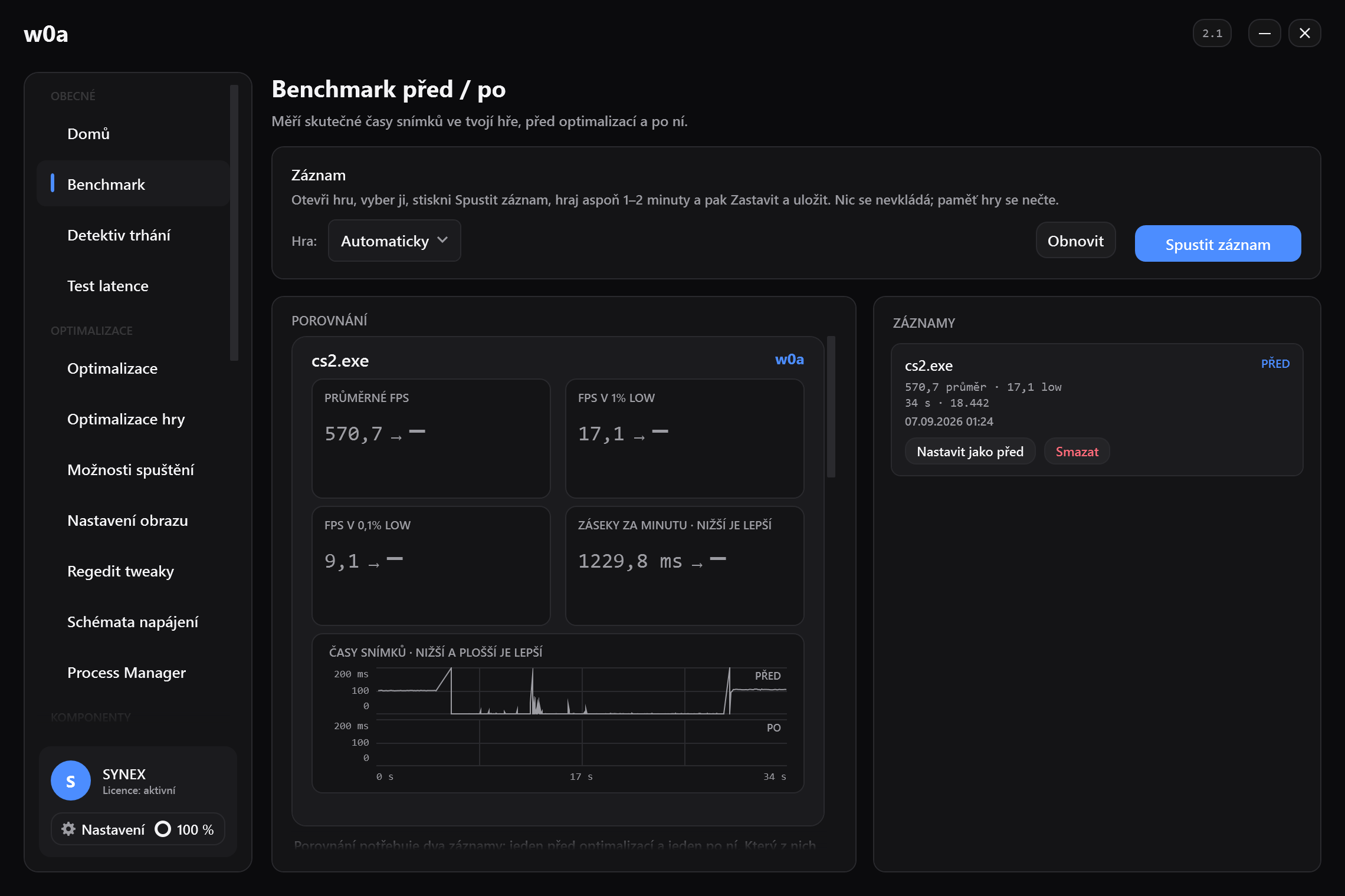 Stránka Benchmark před jakýmkoli záznamem: průměrné FPS, 1% low a záseky za minutu, každé zobrazené jako dvojice před/po.