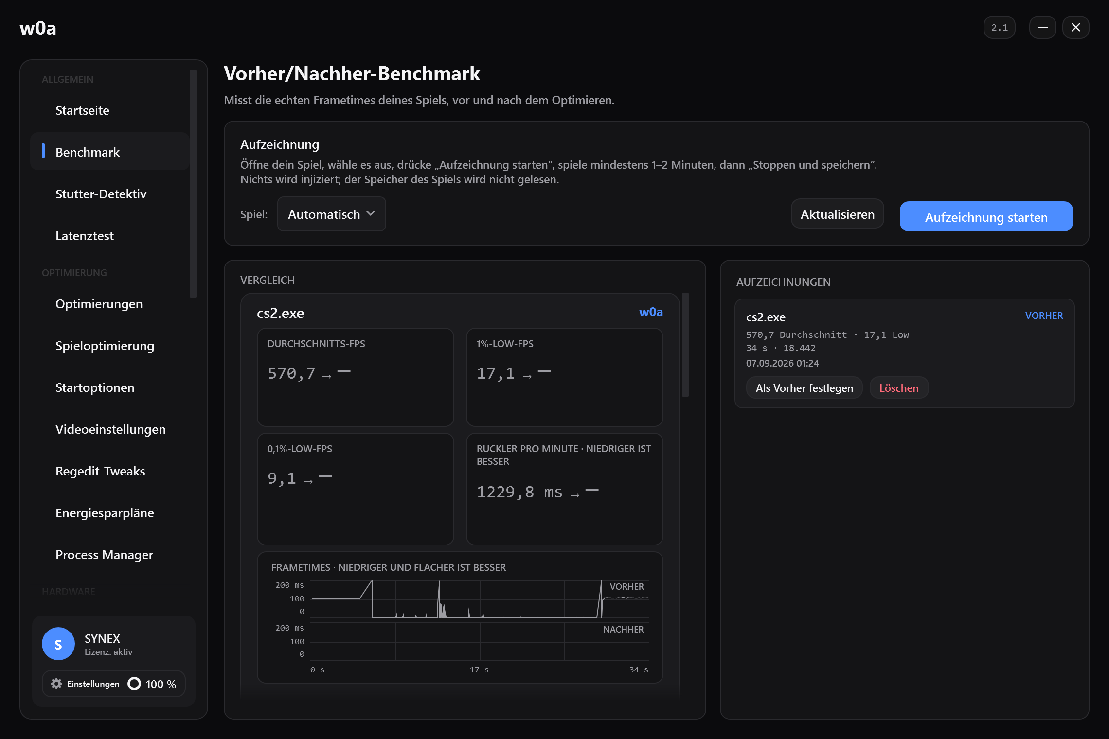 Die Seite Benchmark vor jeder Aufnahme: durchschnittliche FPS, 1% Low und Ruckler pro Minute, jeweils als Vorher/Nachher-Paar.