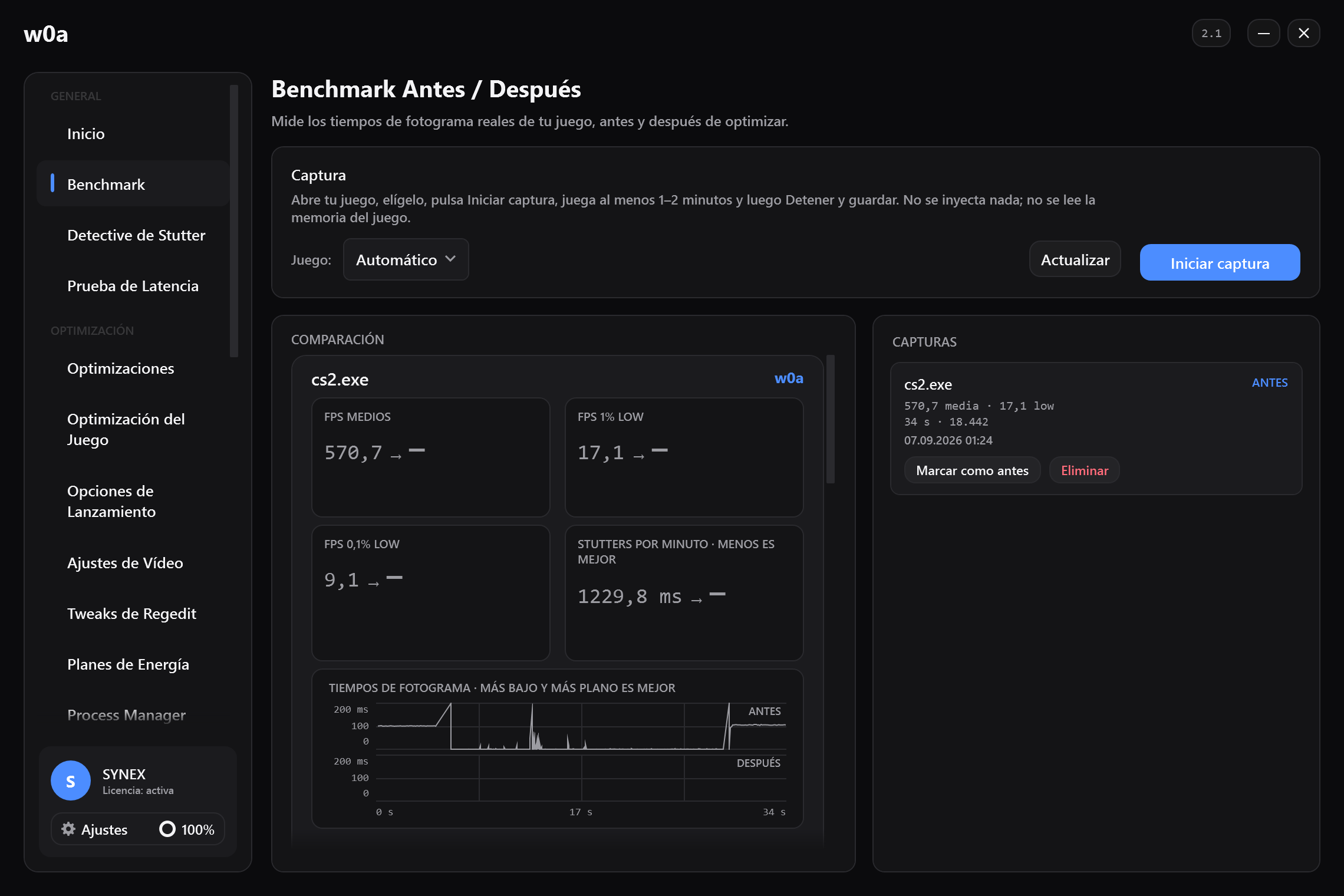 La página Benchmark antes de ninguna captura: FPS medios, 1% low y tirones por minuto, cada uno como un par antes/después.