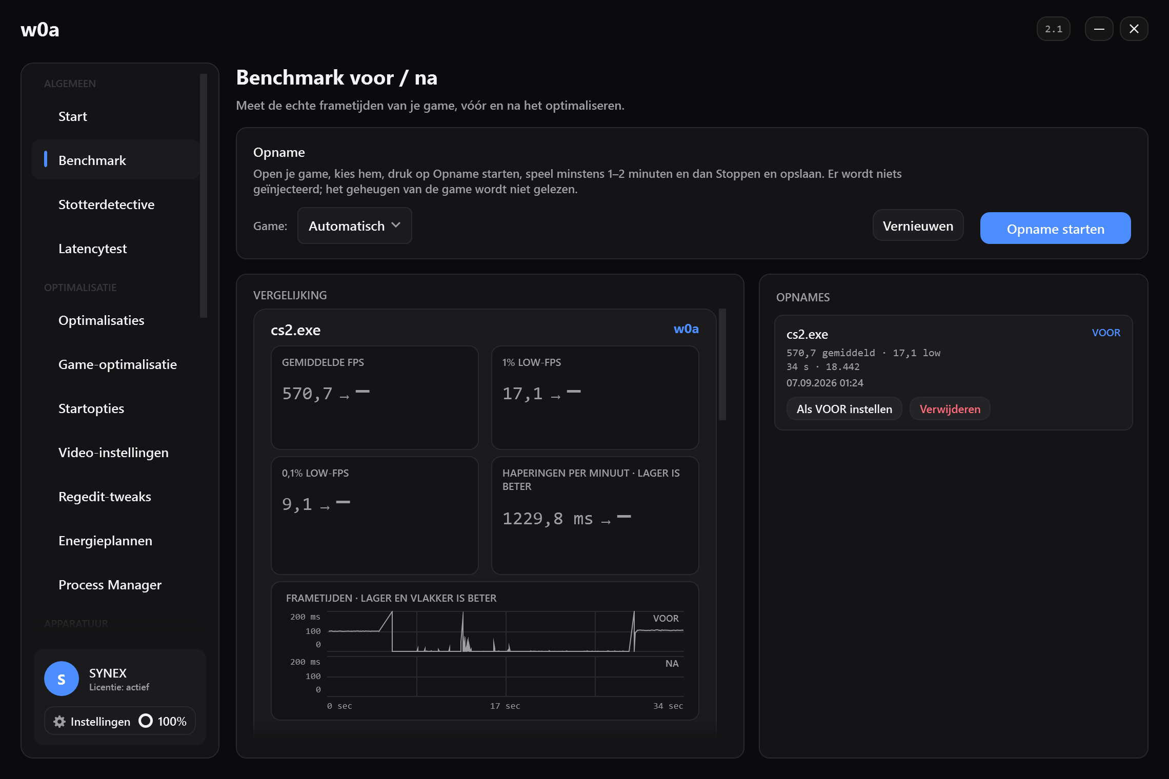 De pagina Benchmark voordat er iets is opgenomen: gemiddelde FPS, 1% low en haperingen per minuut, elk getoond als een voor/na-paar.