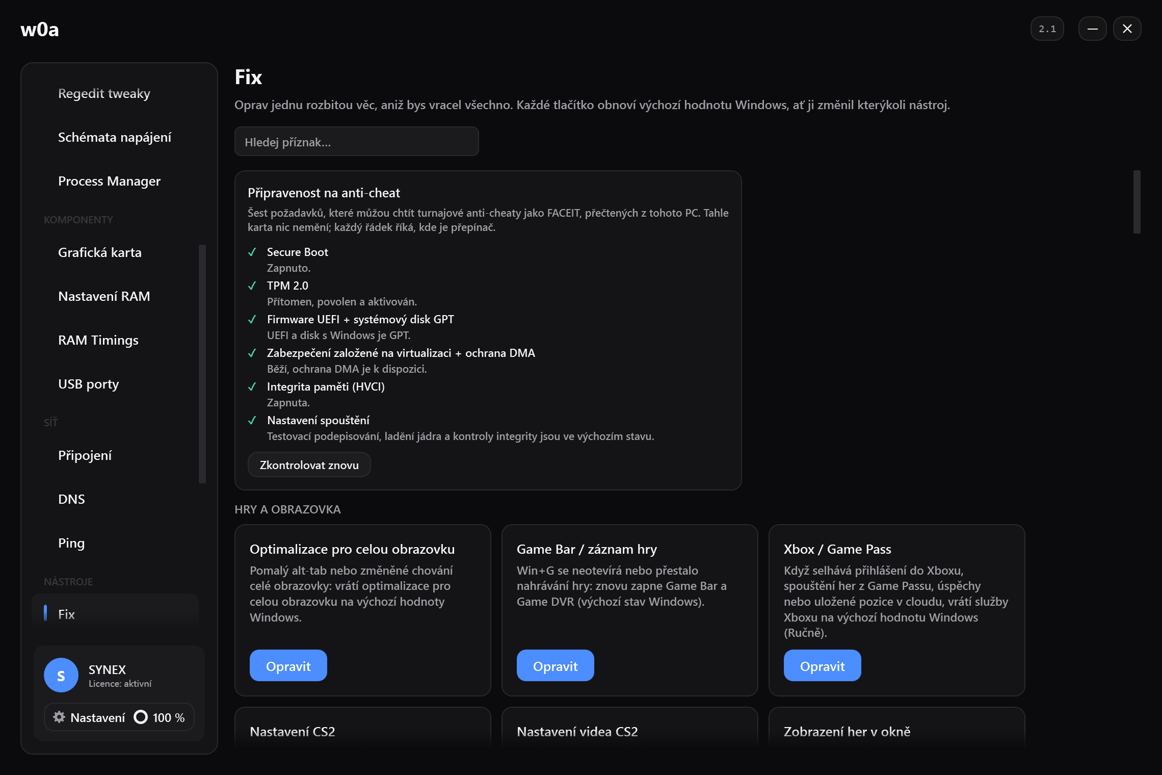 Stránka Fix: jedna opravná karta pro každou věc, kterou jde změnit; každá vrací výchozí nastavení Windows.