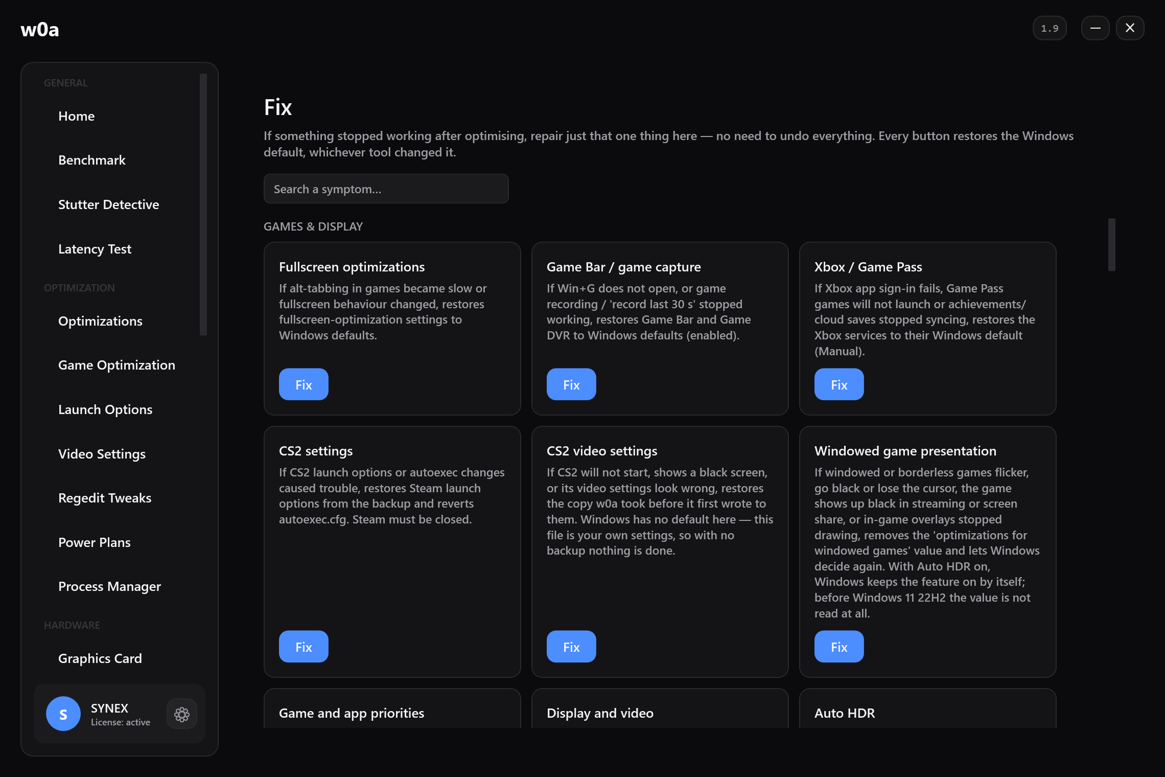 The Fix page: one repair card per thing that can be changed, each restoring the Windows default.