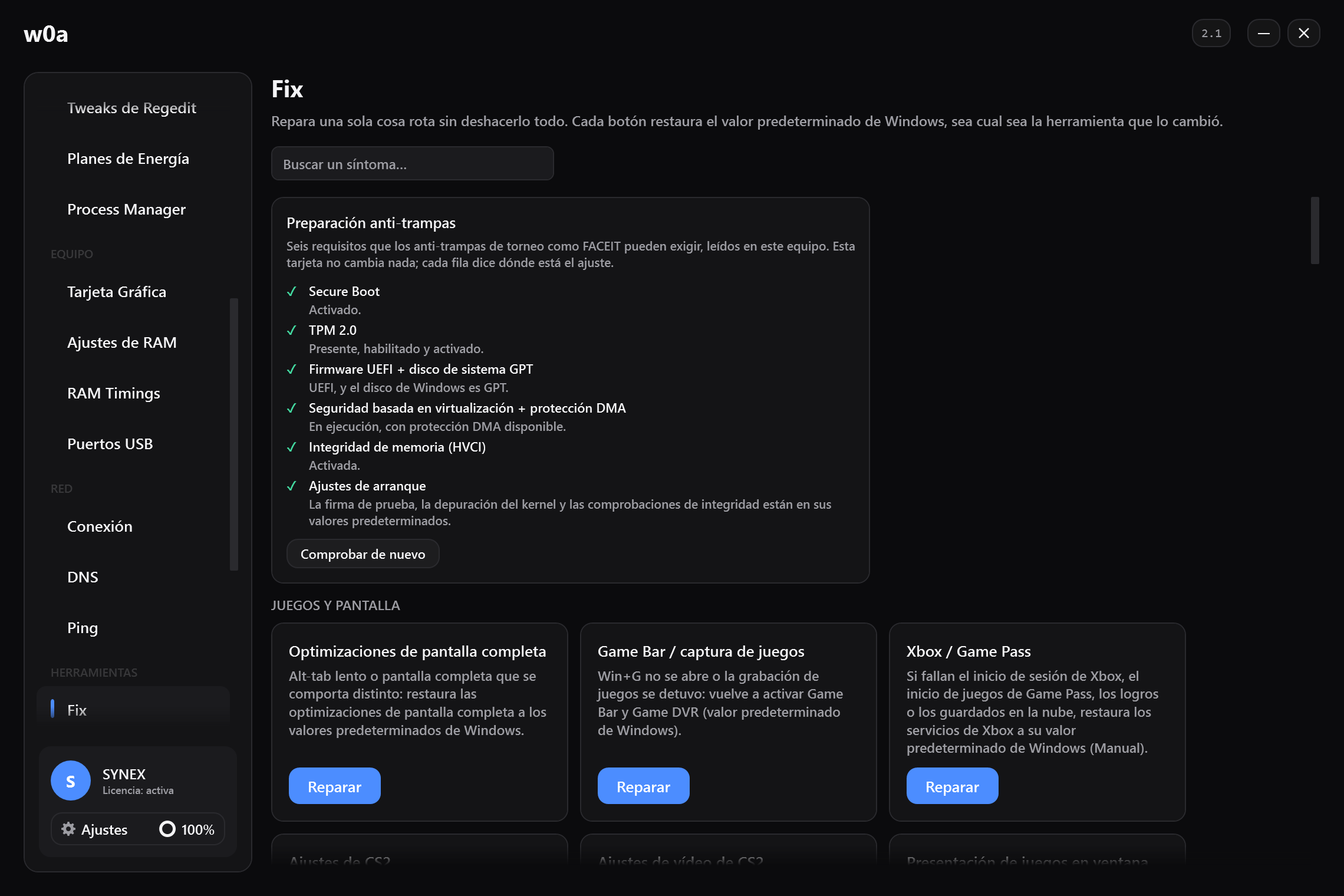 La página Fix: una tarjeta de reparación por cada cosa que puede cambiarse; cada una restaura el valor predeterminado de Windows.