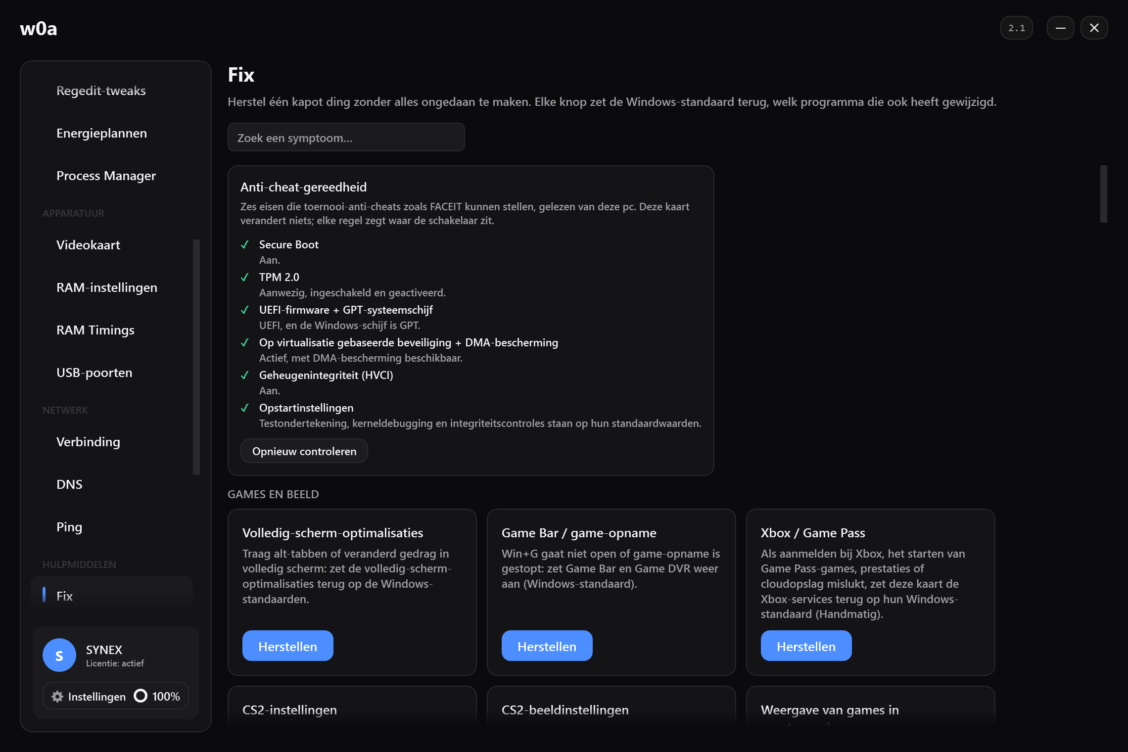 De pagina Fix: één herstelkaart voor elk ding dat gewijzigd kan worden, en elke kaart zet de Windows-standaard terug.