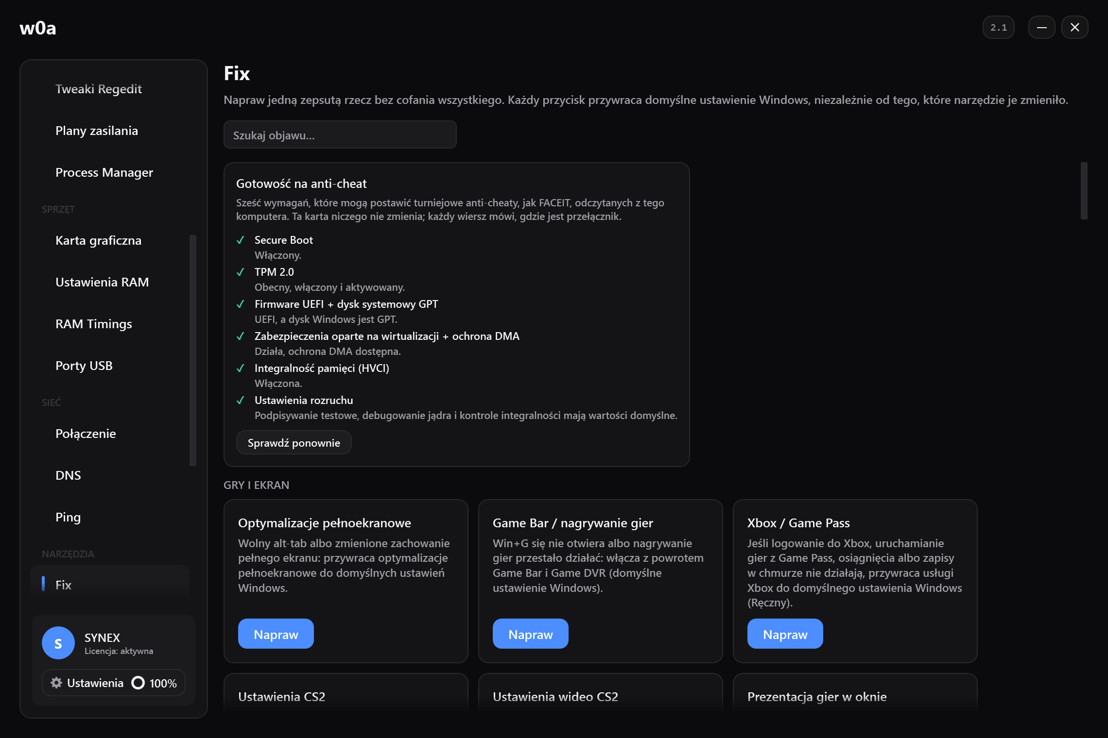 Strona Fix: jedna karta naprawy na każdą rzecz, którą da się zmienić — każda przywraca domyślne ustawienie Windows.