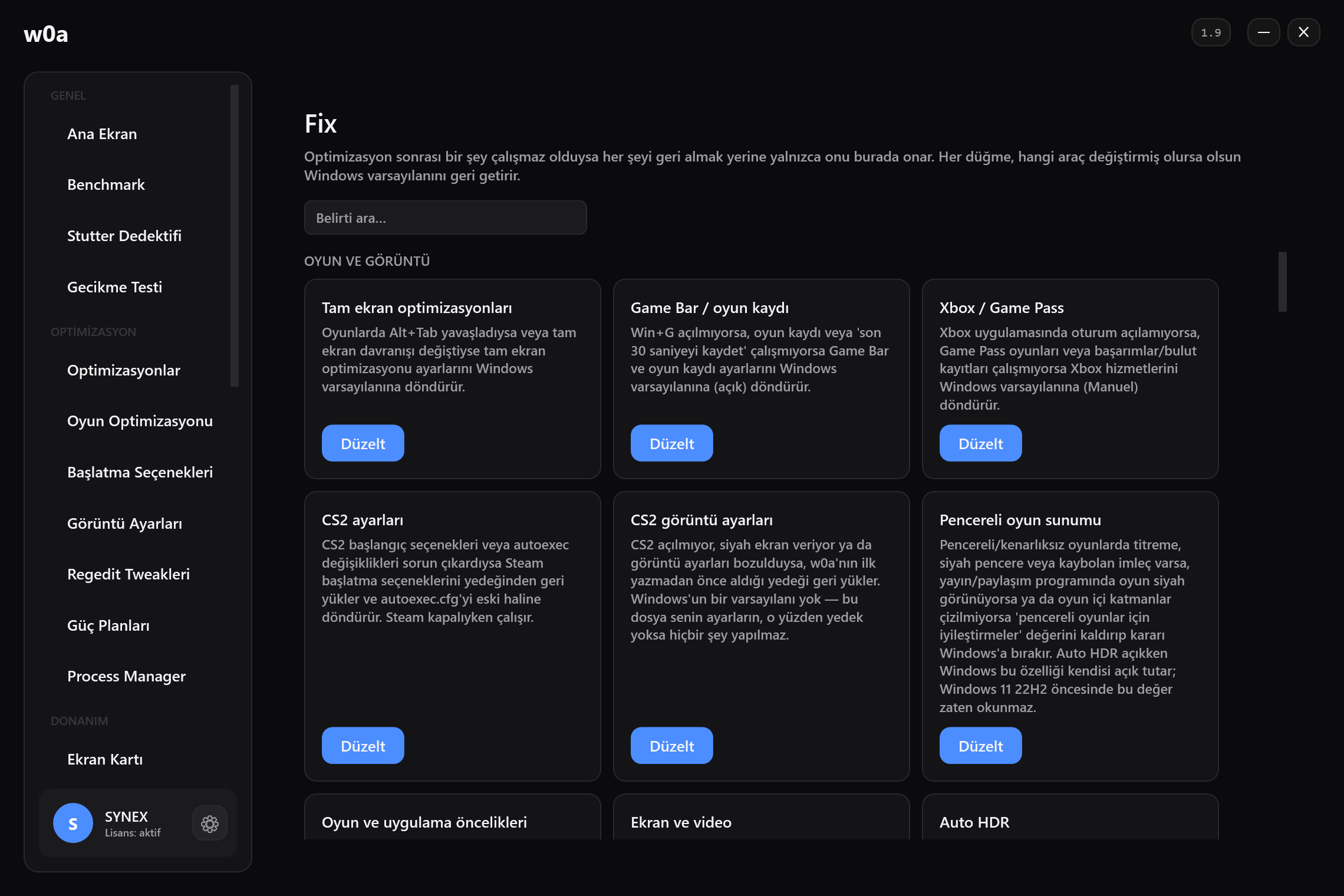 Fix sayfası: değişebilecek her şey için bir onarım kartı; her kart Windows varsayılanını geri yazıyor.