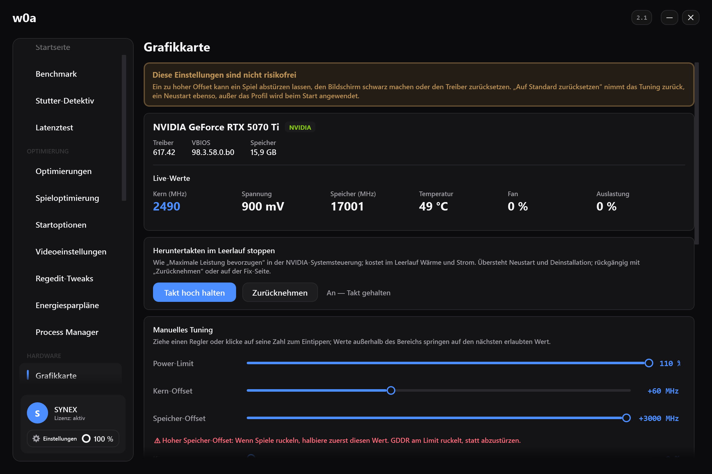 Die Seite Grafikkarte: Live-Takt, Spannung, Speichertakt, Temperatur, Lüfter und Auslastung, darunter Regler für Power-Limit und Takt-Offset.