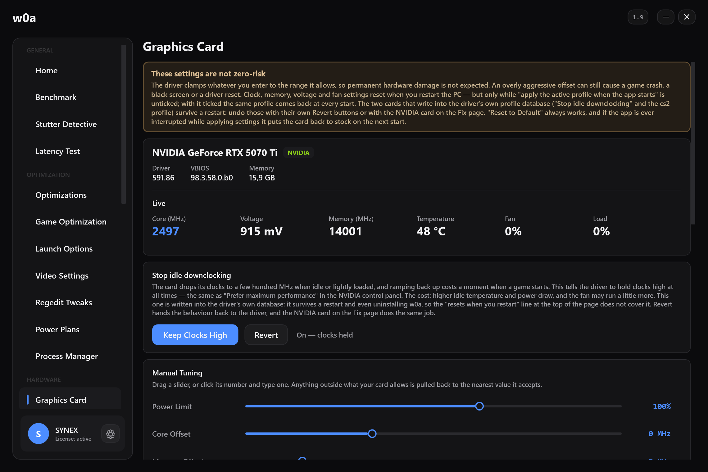 The Graphics Card page: live clock, voltage, memory clock, temperature, fan and load, with power limit and clock offset sliders below.