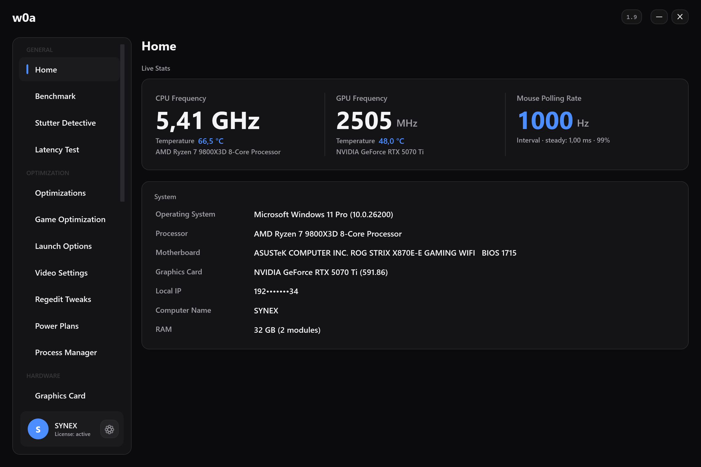 The Home page: live clocks and temperatures for CPU and GPU, the mouse polling rate as measured from real movement, and what the machine is.