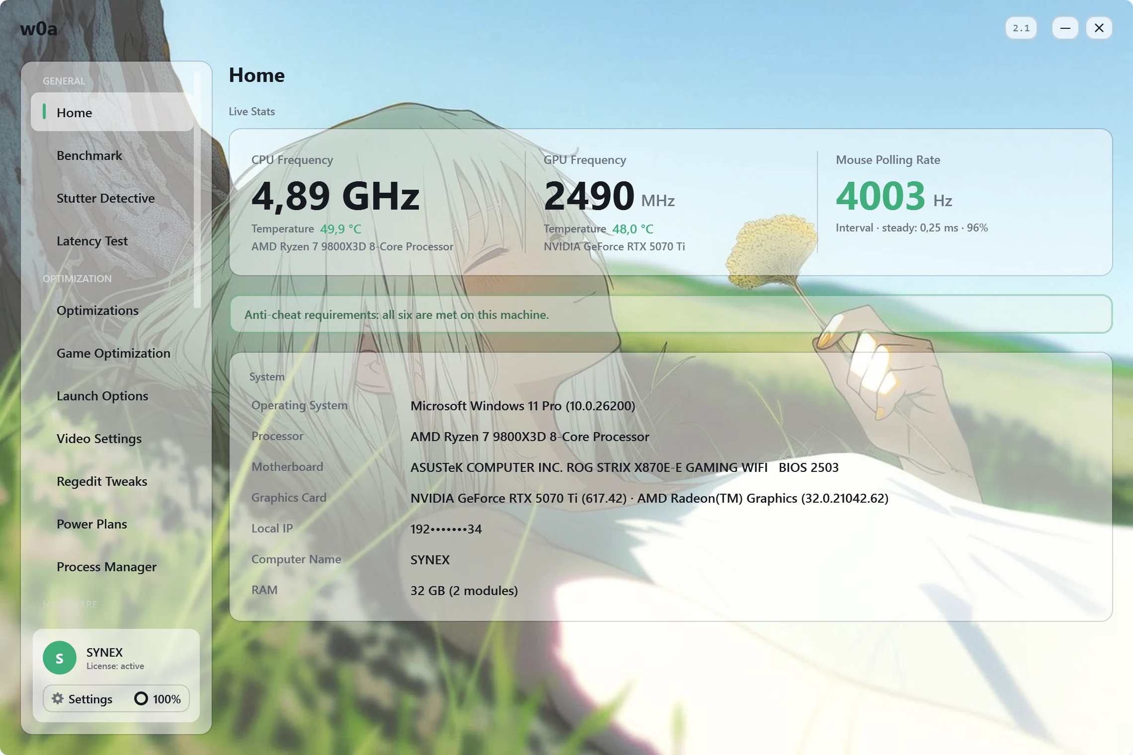 The w0a home screen: live processor and graphics frequencies, mouse polling rate, and the system summary.