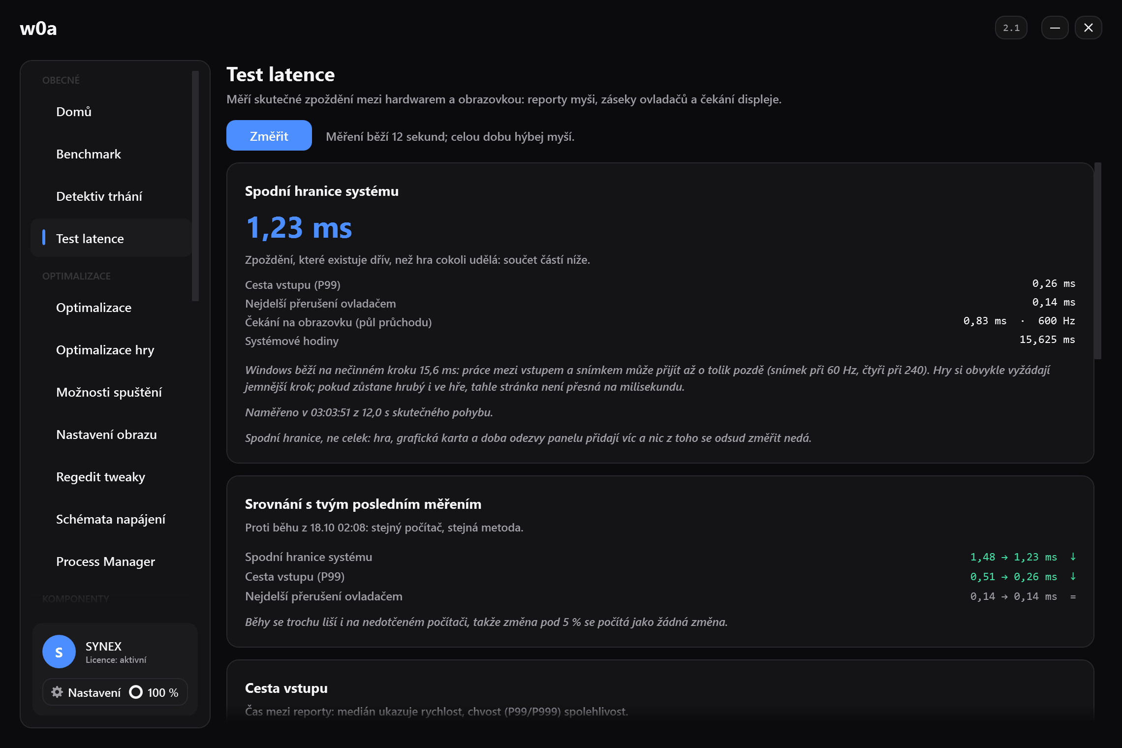 Test latence změřený na našem vlastním PC: spodní hranice systému v milisekundách a z čeho se skládá: cesta vstupu, nejdelší přerušení ovladačem, čekání na obrazovku.