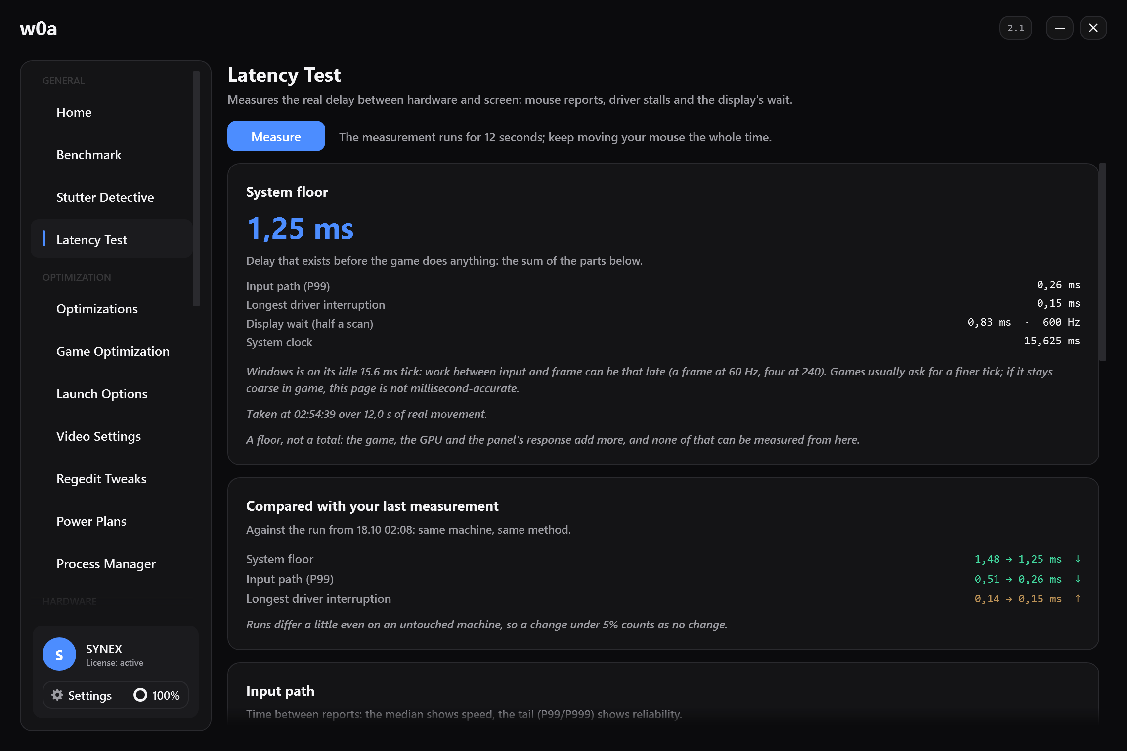 The Latency Test, measured on our own PC: the system floor in milliseconds and the parts it is made of: input path, longest driver interruption, display wait.