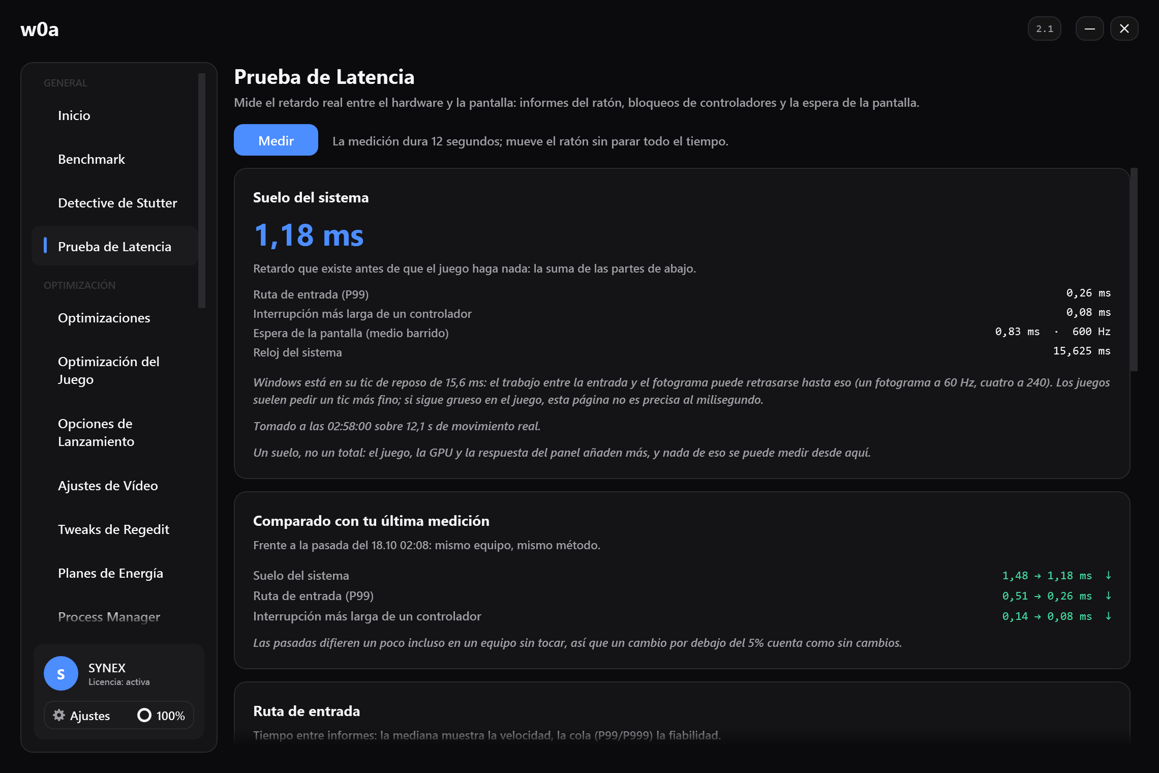 Prueba de Latencia, medida en nuestro propio PC: el suelo del sistema en milisegundos y sus partes: ruta de entrada, interrupción más larga de un controlador, espera de la pantalla.