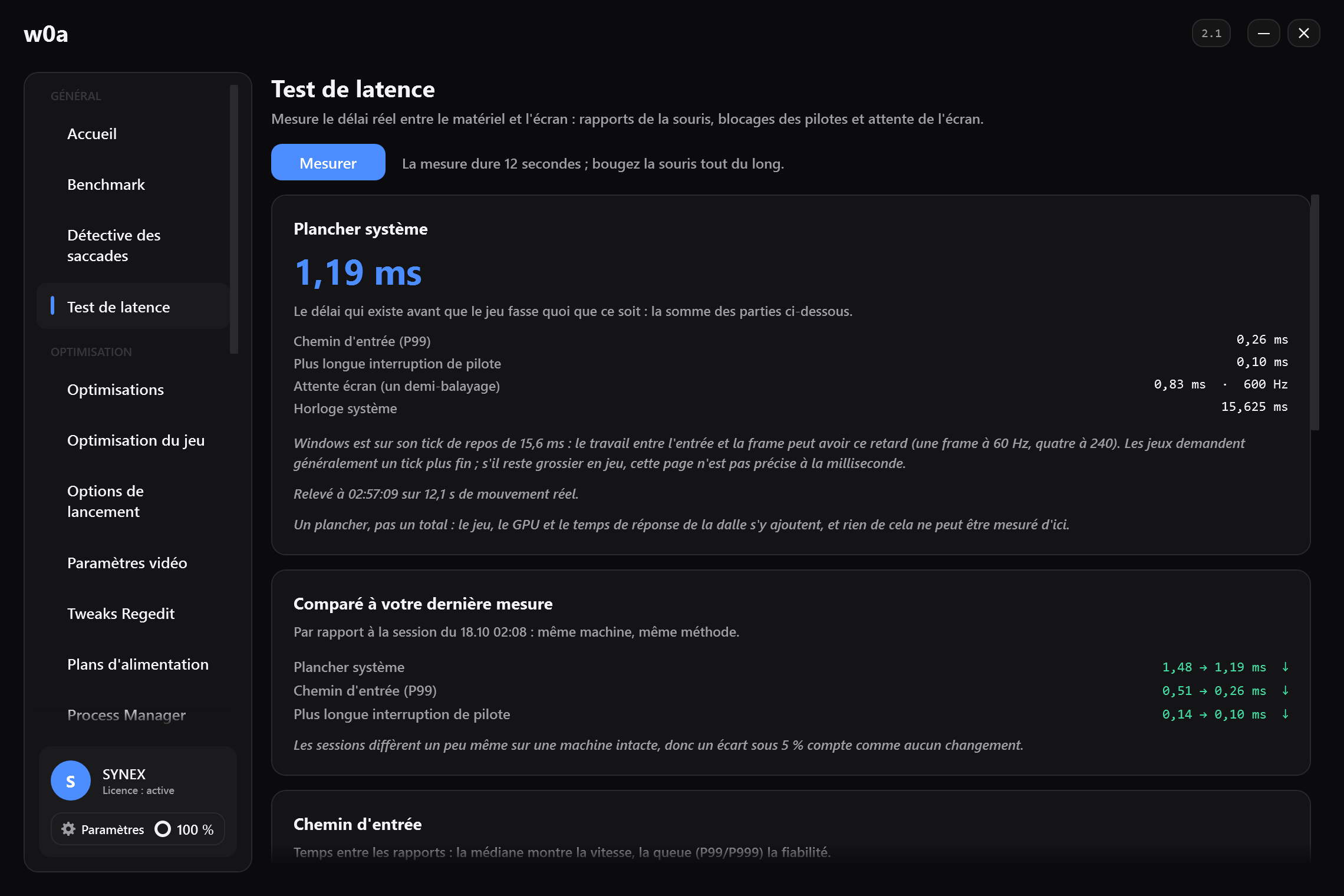 Test de latence, mesuré sur notre propre PC : le plancher système en millisecondes et ce qui le compose : chemin d'entrée, plus longue interruption de pilote, attente écran.