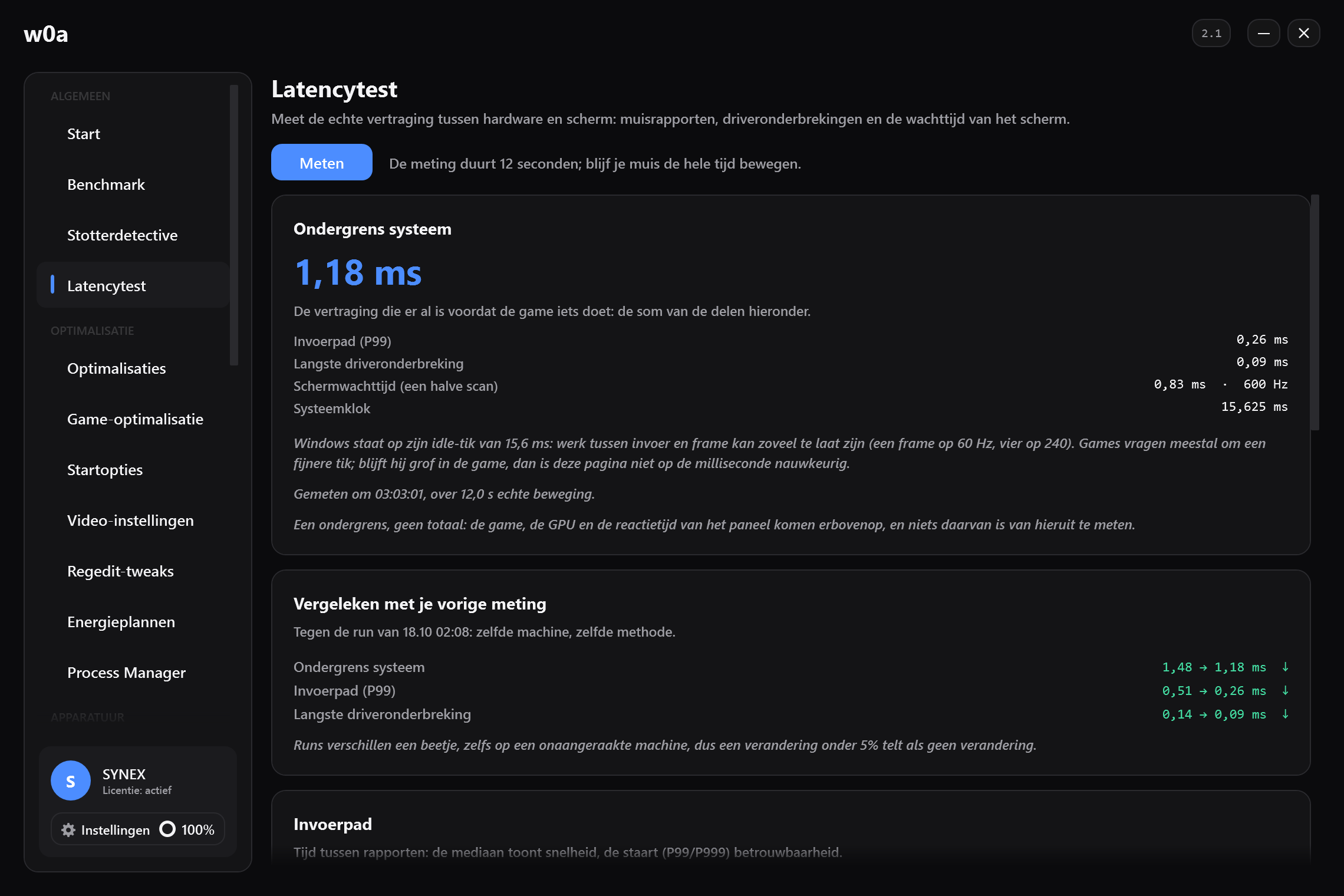 Latencytest, gemeten op onze eigen pc: de ondergrens van het systeem in milliseconden en waaruit die bestaat: invoerpad, langste driveronderbreking, schermwachttijd.