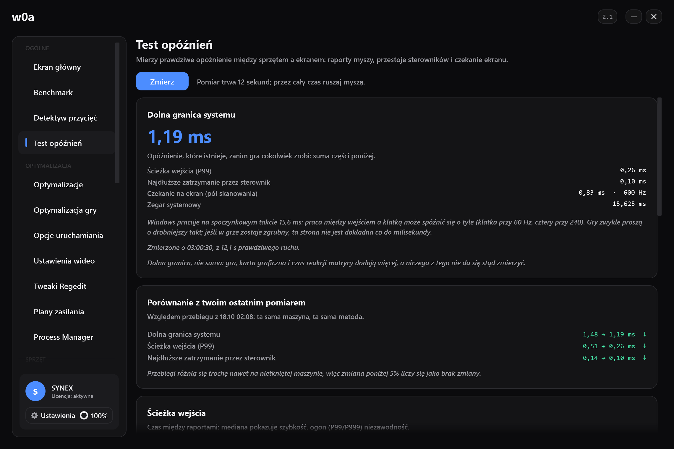 Test opóźnień zmierzony na naszym własnym PC: dolna granica systemu w milisekundach i jej składniki: ścieżka wejścia, najdłuższe zatrzymanie przez sterownik, czekanie na ekran.
