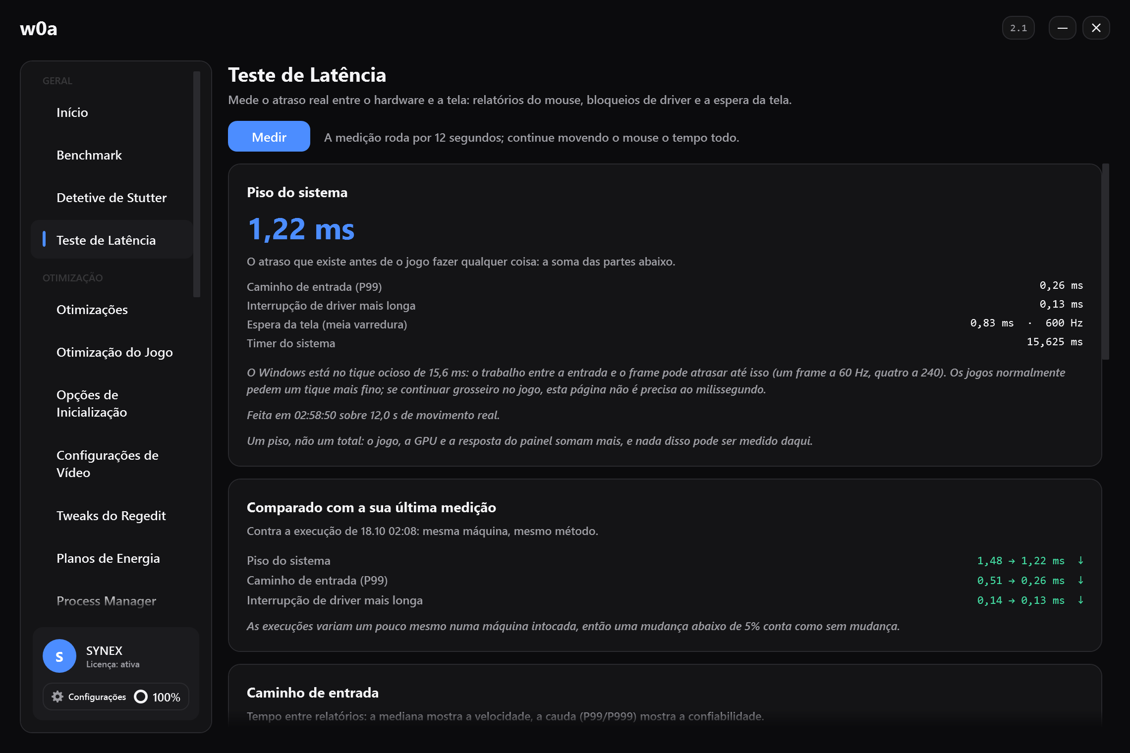 Teste de Latência, medido no nosso próprio PC: o piso do sistema em milissegundos e suas partes: caminho de entrada, interrupção de driver mais longa, espera da tela.