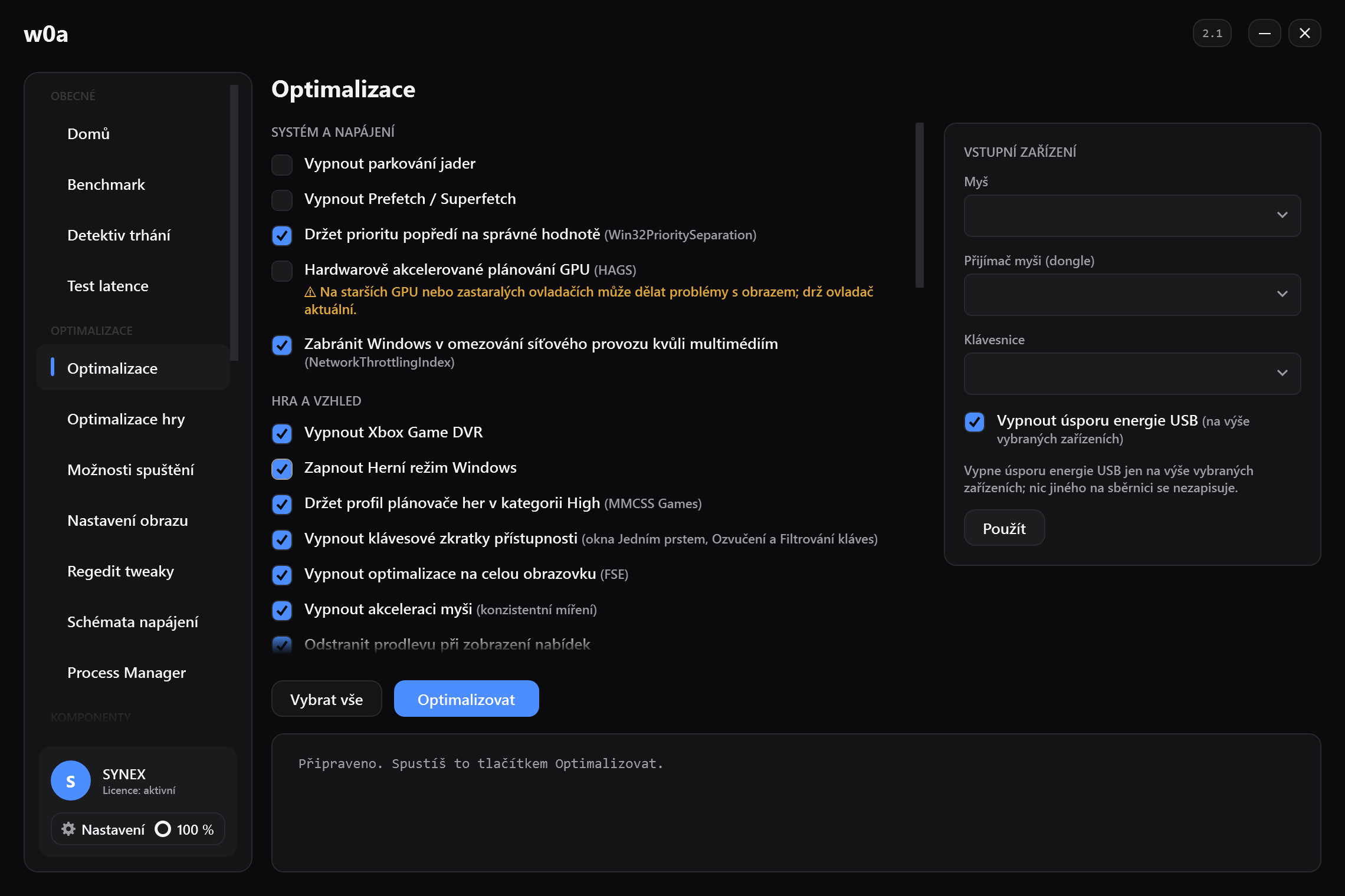 Stránka Optimalizace: parkování jader, Game DVR, optimalizace celé obrazovky, akcelerace myši a další — každá s vlastním zaškrtávacím políčkem.