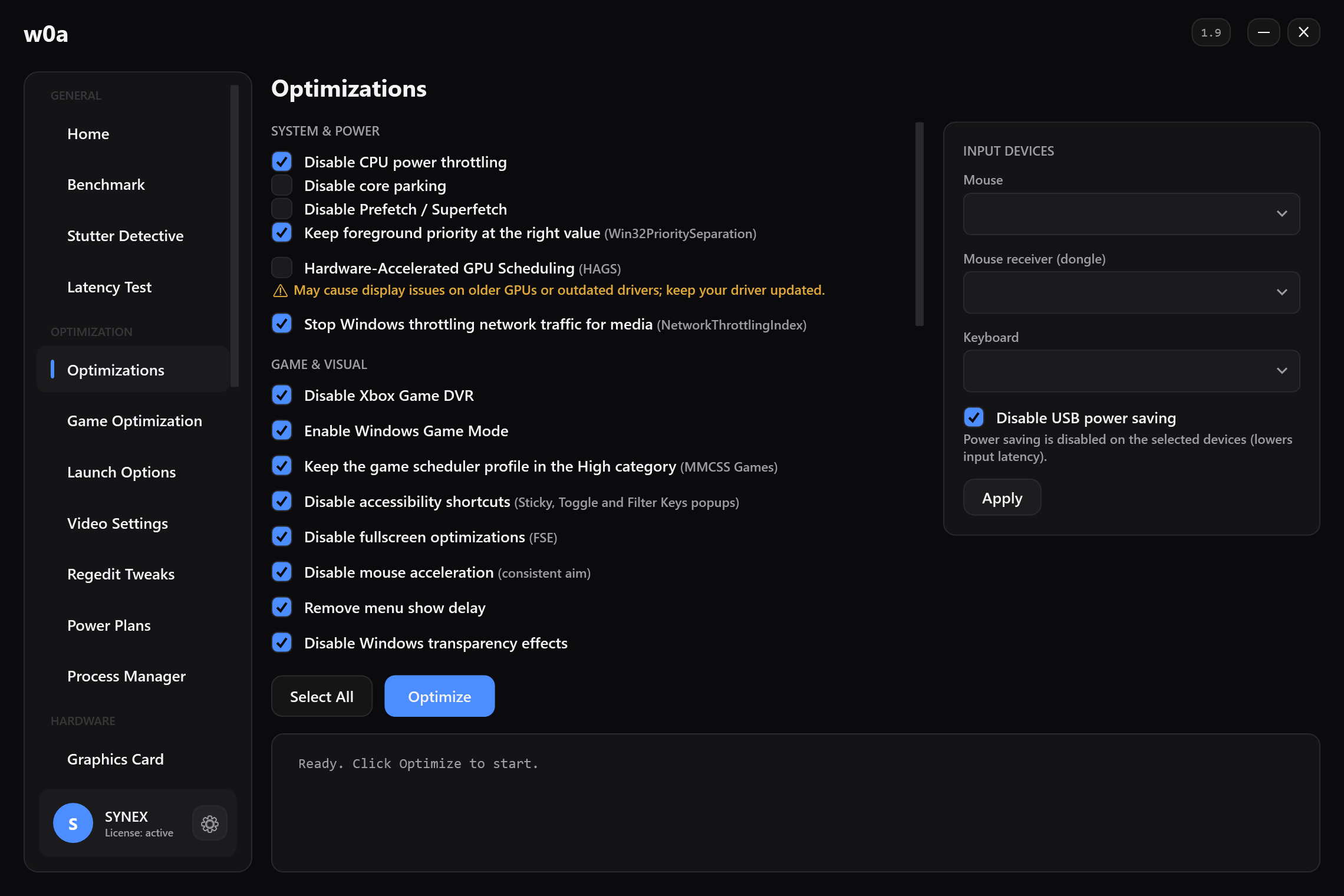 The Optimizations page: CPU power throttling, core parking, Game DVR, fullscreen optimizations, mouse acceleration and the rest, each with its own tick box.