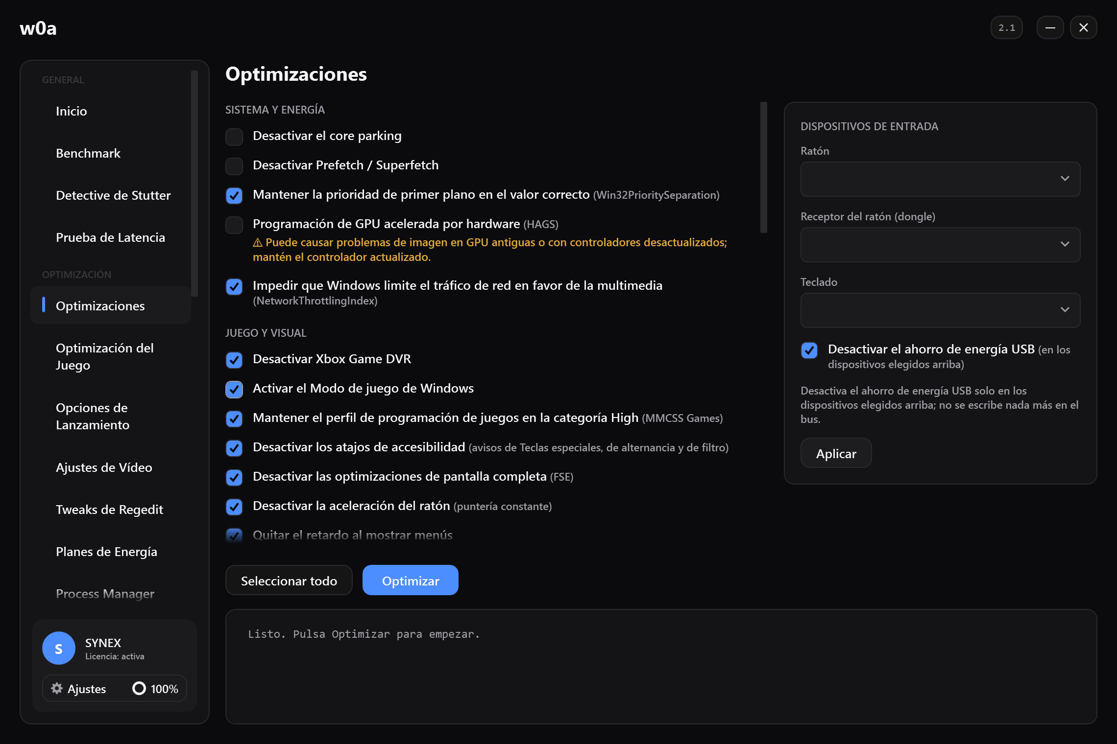 La página de Optimizaciones: estacionamiento de núcleos, Game DVR, optimizaciones de pantalla completa, aceleración del mouse y el resto, cada una con su propia casilla.