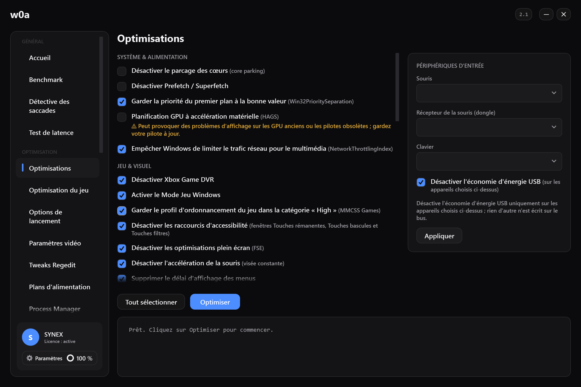 La page Optimisations : core parking, Game DVR, optimisations plein écran, accélération de la souris et le reste, chacun avec sa propre case à cocher.