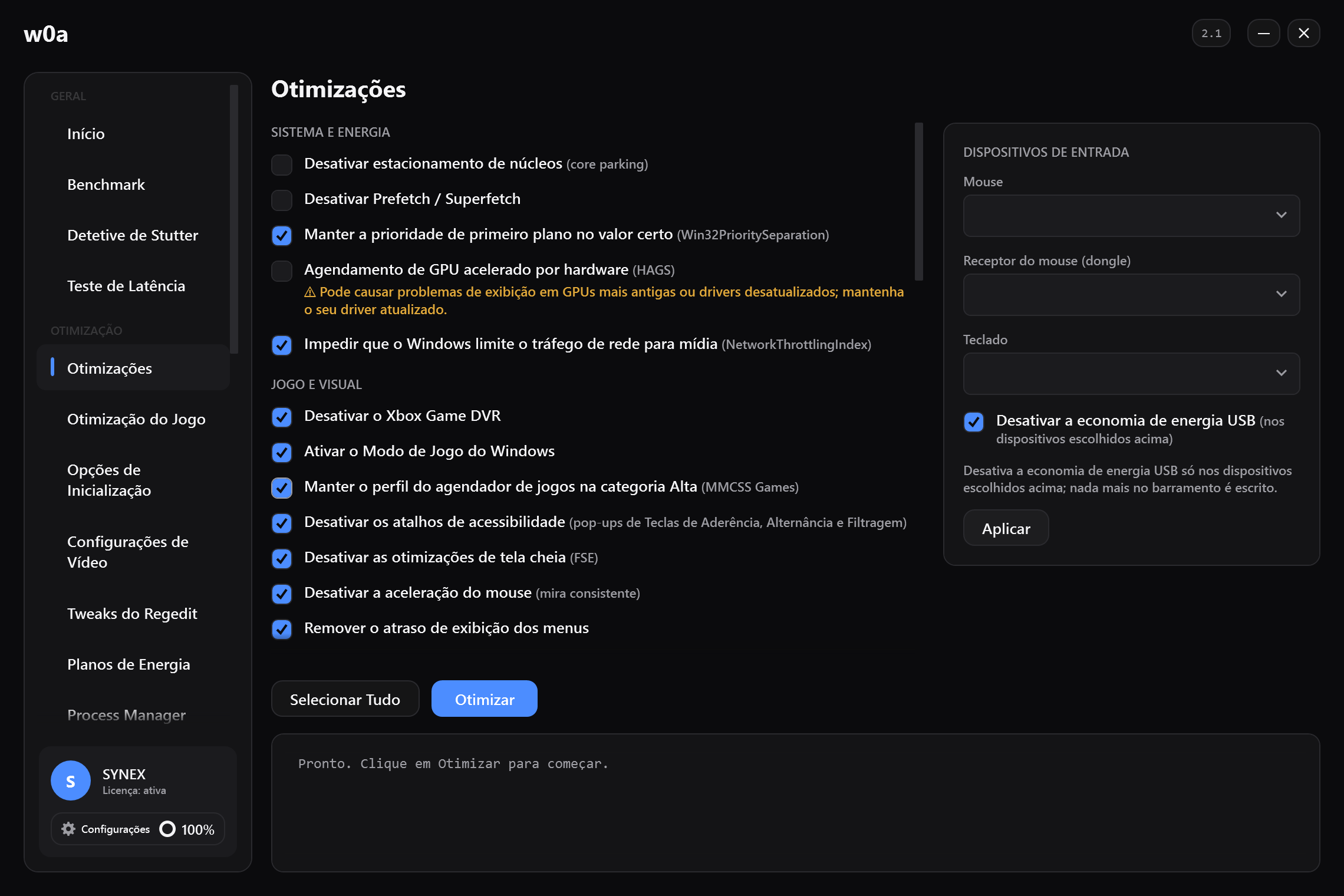A página de Otimizações: estacionamento de núcleos, Game DVR, otimizações de tela cheia, aceleração do mouse e o resto, cada um com sua própria caixa de seleção.