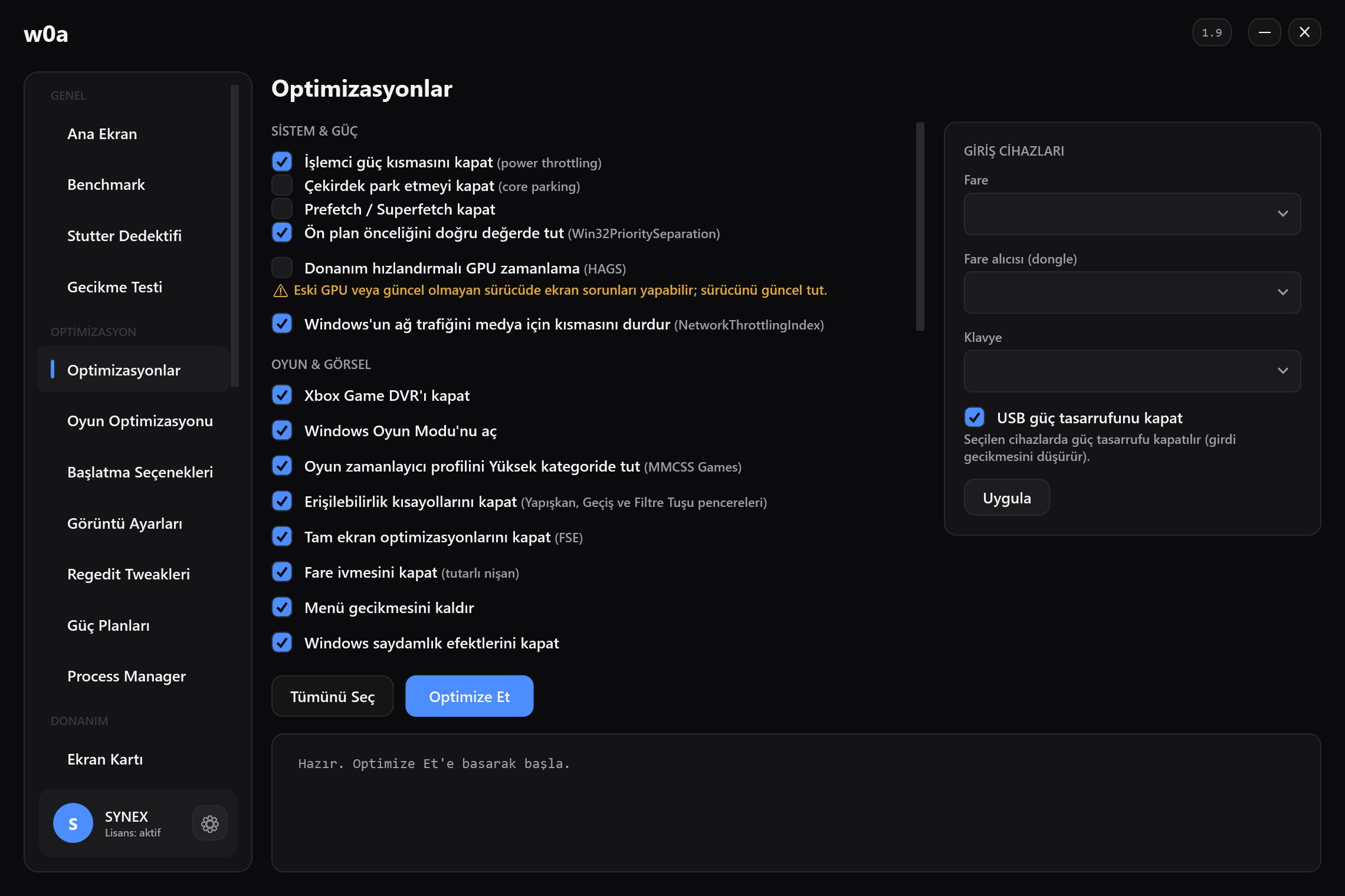 Optimizasyonlar sayfası: CPU güç kısması, çekirdek park etme, Game DVR, tam ekran optimizasyonları, fare hızlandırma ve diğerleri; her biri kendi kutusuyla.