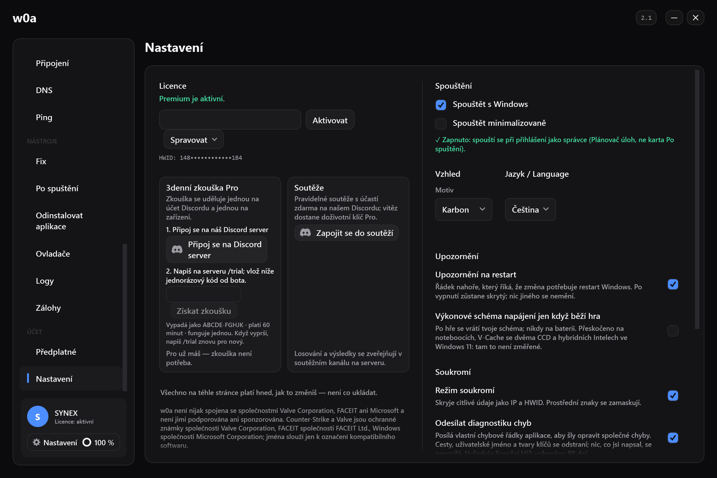 Karta 3denní zkouška Pro v Nastavení, vedle karty s giveaway.