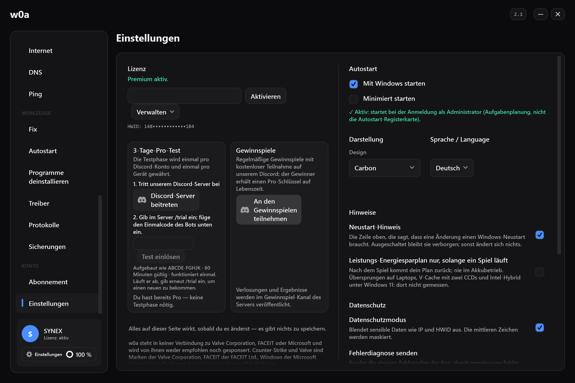Die Karte 3-Tage-Pro-Test in den Einstellungen, daneben die Verlosungskarte.