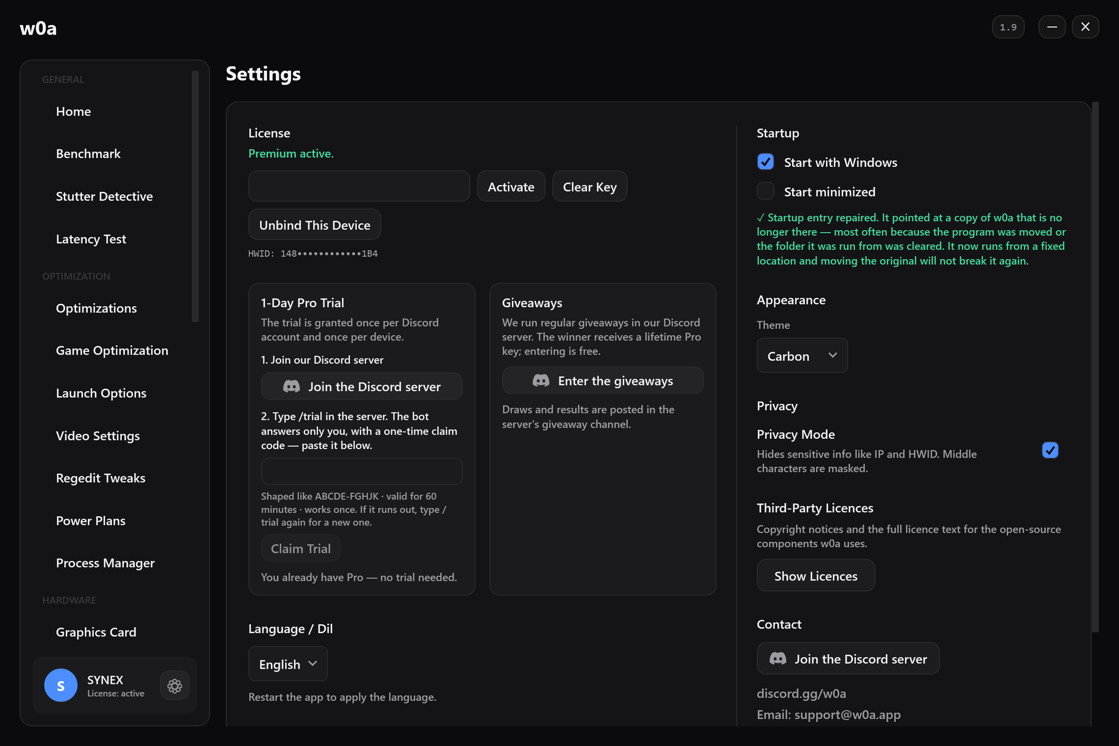 The 1-Day Pro Trial card in Settings, next to the giveaway card.
