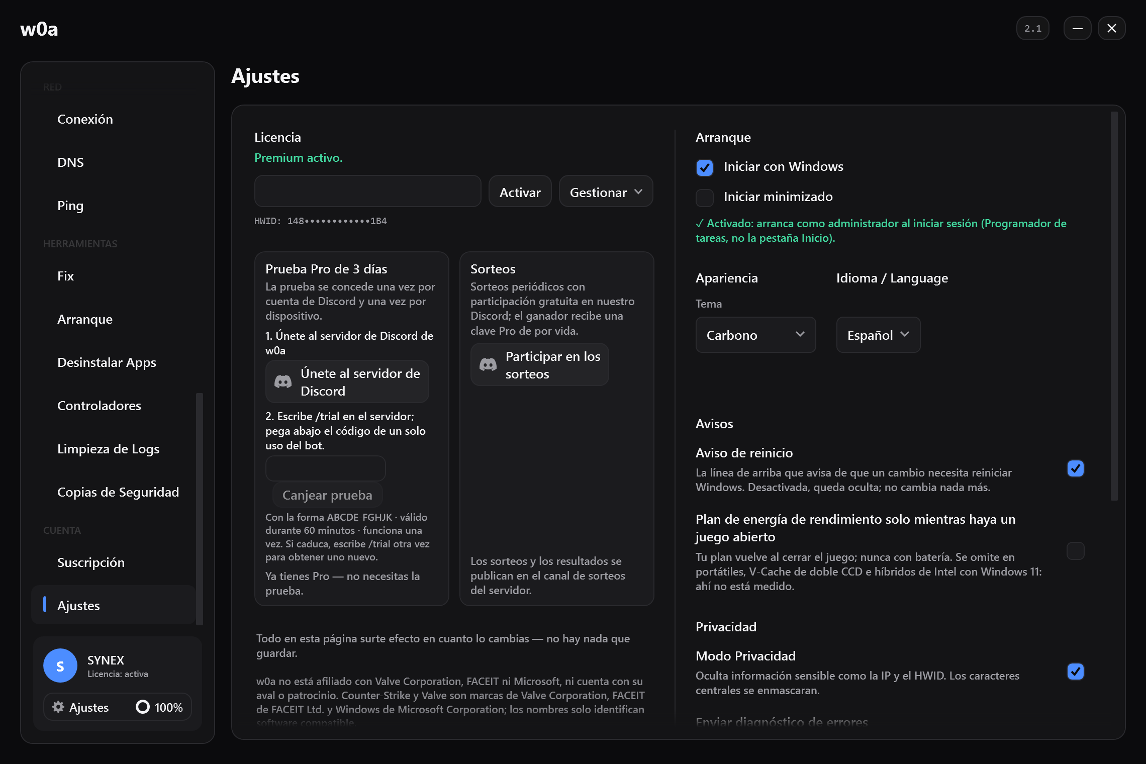 La tarjeta Prueba Pro de 3 días en Ajustes, junto a la tarjeta del sorteo.