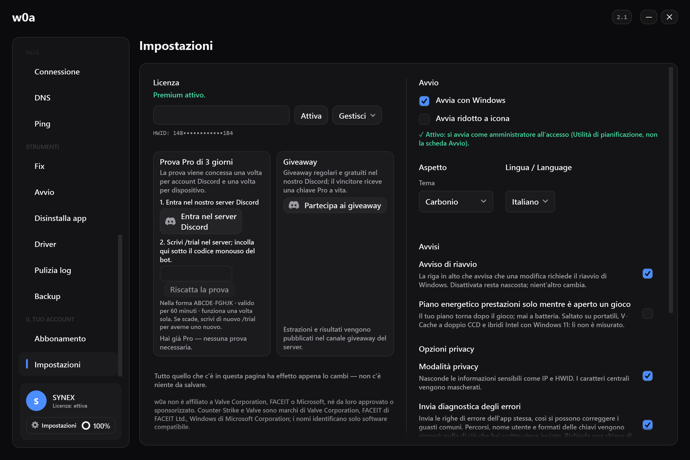 La scheda Prova Pro di 3 giorni nelle Impostazioni, accanto alla scheda del giveaway.