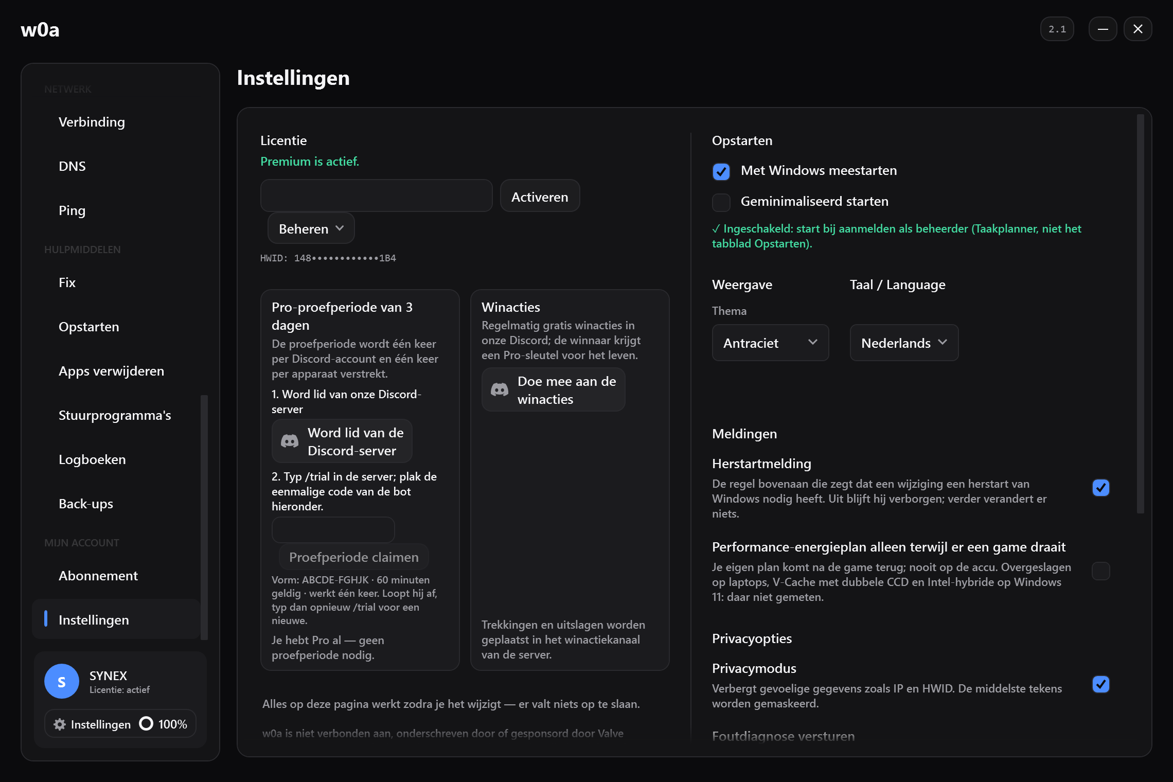 De kaart Pro-proefperiode van 3 dagen in Instellingen, naast de kaart voor de giveaway.